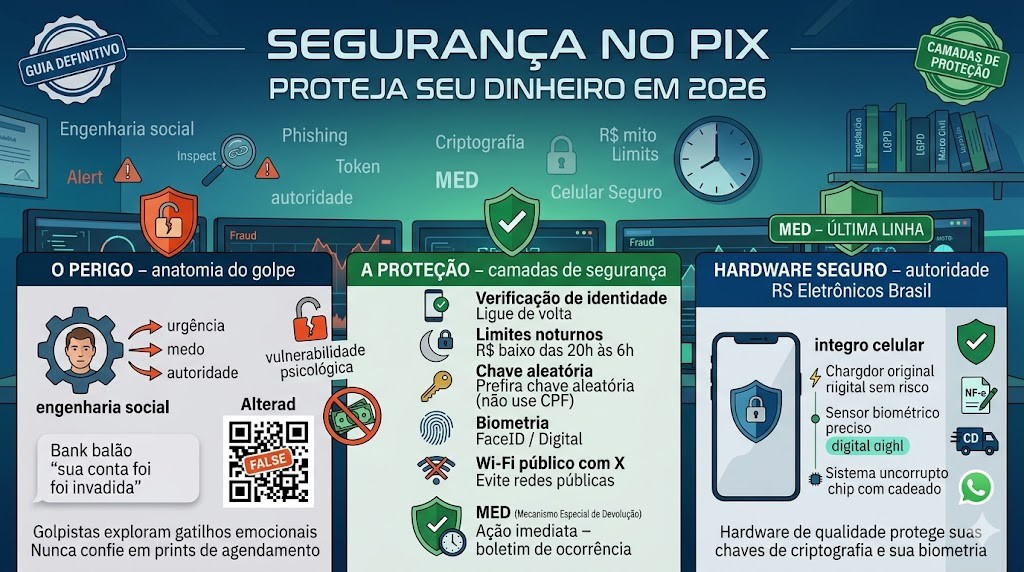 Infogr&aacute;fico t&eacute;cnico organizado em fluxo de trabalho (timeline) detalhando o guia de seguran&ccedil;a no PIX para 2026, validado pela RS Eletr&ocirc;nicos Brasil. Lado esquerdo detalha a anatomia do golpe por engenharia social e gatilhos emocionais. Parte central apresenta as camadas de prote&ccedil;&atilde;o: limites noturnos (20h &agrave;s 6h), chave aleat&oacute;ria e autentica&ccedil;&atilde;o multifator. Lado direito destaca a rela&ccedil;&atilde;o entre hardware &iacute;ntegro e a seguran&ccedil;a dos dados biom&eacute;tricos. Inclui selos de Nota Fiscal e Suporte WhatsApp RS Eletr&ocirc;nicos Brasil.