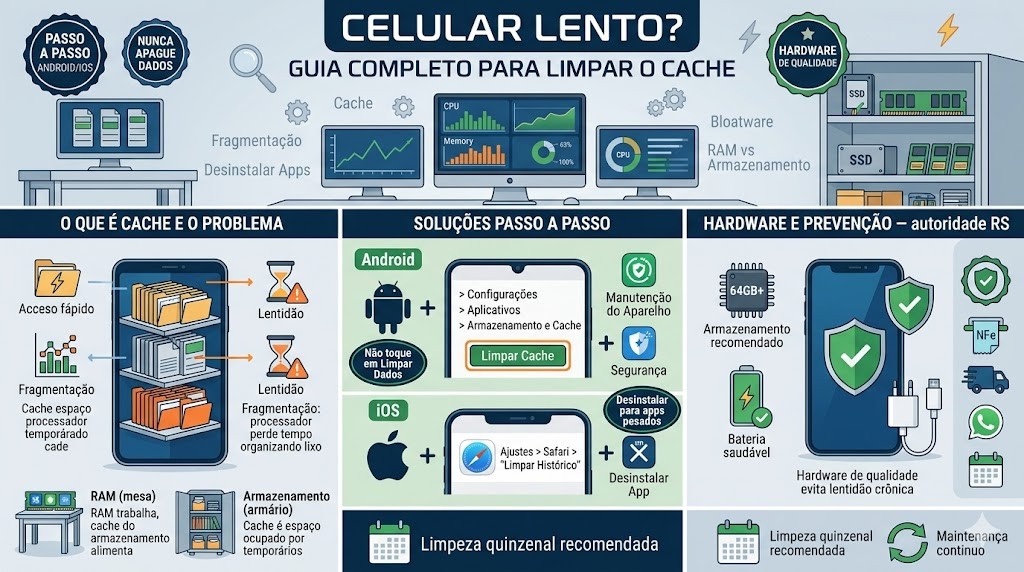 Infogr&aacute;fico t&eacute;cnico comparativo sobre limpeza de cache de celular, validado pela RS Eletr&ocirc;nicos Brasil para 2026. Lado esquerdo explica a ci&ecirc;ncia: a prateleira de cache (luz indireta), imped&acirc;ncia interna e a diferen&ccedil;a entre RAM (mesa de trabalho) e Armazenamento (arm&aacute;rio). Parte central detalha o passo a passo para Android e iOS, com foco no bot&atilde;o 'Limpar Cache' e na fun&ccedil;&atilde;o de 'Desinstalar Apps'. Lado direito foca em hardware: armazenamento m&iacute;nimo recomendado (64GB+) e sa&uacute;de da bateria. Inclui selos de Nota Fiscal e Suporte RS Eletr&ocirc;nicos Brasil.
