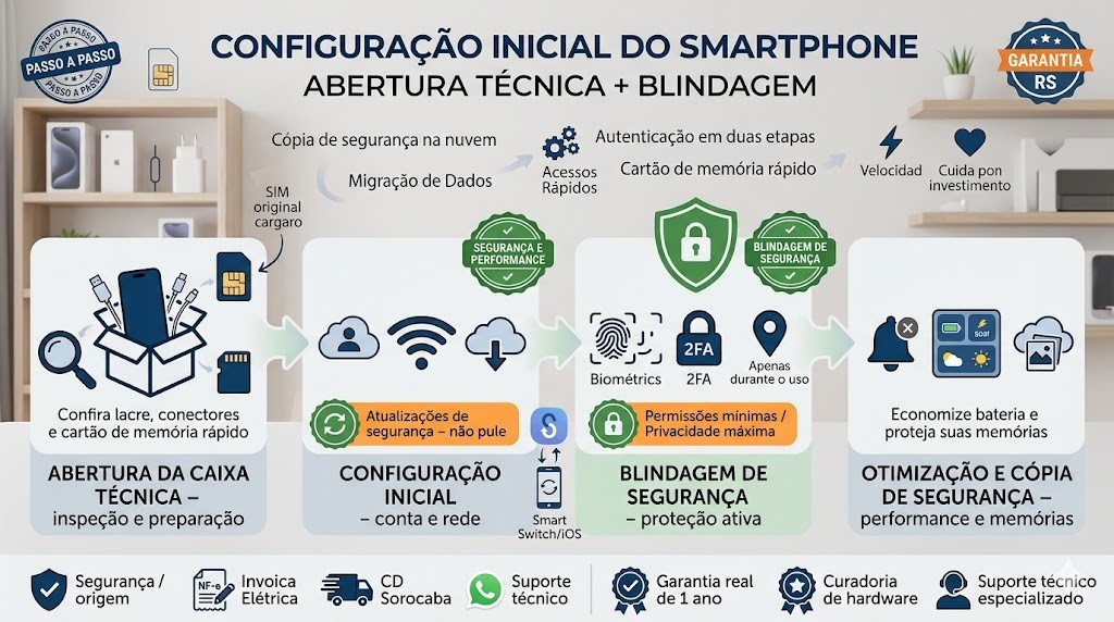 Infogr&aacute;fico t&eacute;cnico organizado em fluxo de 4 etapas (timeline) detalhando a configura&ccedil;&atilde;o inicial do smartphone novo, validado pela RS Eletr&ocirc;nicos Brasil para 2026. Lado esquerdo detalha o unboxing t&eacute;cnico (inspe&ccedil;&atilde;o de lacre e chip SIM). A segunda etapa foca na configura&ccedil;&atilde;o de conta Google/Apple e restaura&ccedil;&atilde;o de backup (Smart Switch). A terceira etapa detalha a blindagem de seguran&ccedil;a com biometria e autentica&ccedil;&atilde;o em duas etapas. O lado direito foca na otimiza&ccedil;&atilde;o de performance e backup de fotos. Inclui selos de Nota Fiscal e Suporte RS Eletr&ocirc;nicos Brasil.