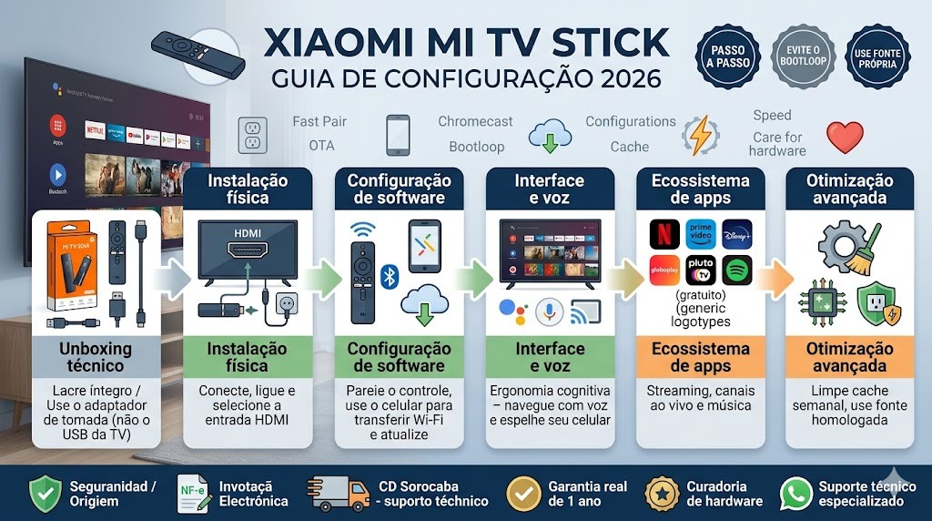 Infogr&aacute;fico t&eacute;cnico organizado em fluxo de 6 etapas (timeline) detalhando o guia de configura&ccedil;&atilde;o do Xiaomi Mi TV Stick para 2026, validado pela RS Eletr&ocirc;nicos Brasil. Da esquerda para a direita: Unboxing t&eacute;cnico com inspe&ccedil;&atilde;o de lacre; Instala&ccedil;&atilde;o f&iacute;sica (HDMI e fonte de tomada); Configura&ccedil;&atilde;o de software (Bluetooth, Fast Pair, OTA); Interface Android TV (Voz/Chromecast); Ecossistema de apps (Netflix, Prime, Globoplay); Otimiza&ccedil;&atilde;o avan&ccedil;ada com limpeza de cache semanal. Inclui selos de Nota Fiscal e Suporte WhatsApp RS Eletr&ocirc;nicos Brasil.