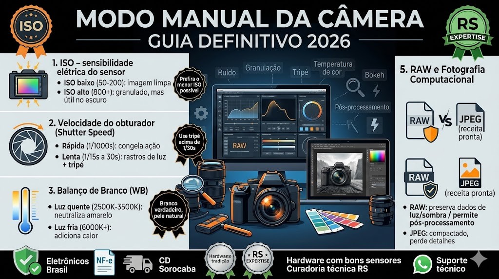 Infogr&aacute;fico t&eacute;cnico organizado em fluxo de 5 blocos detalhando os pilares do Modo Manual da c&acirc;mera do celular para 2026, validado pela curadoria da RS Eletr&ocirc;nicos Brasil. Da esquerda para a direita: (1) ISO &ndash; Sensibilidade do sensor com exemplos de ru&iacute;do; (2) Shutter Speed &ndash; Tempo de exposi&ccedil;&atilde;o (congelar movimento vs rastros); (3) Balan&ccedil;o de Branco (WB) &ndash; Escala Kelvin de temperatura de cor; (4) Foco Manual (MF) e Bokeh; (5) Formato RAW vs JPEG e fotografia computacional. Inclui selos de Nota Fiscal e Suporte WhatsApp RS Eletr&ocirc;nicos Brasil, sem men&ccedil;&atilde;o a n&uacute;meros de tradi&ccedil;&atilde;o.