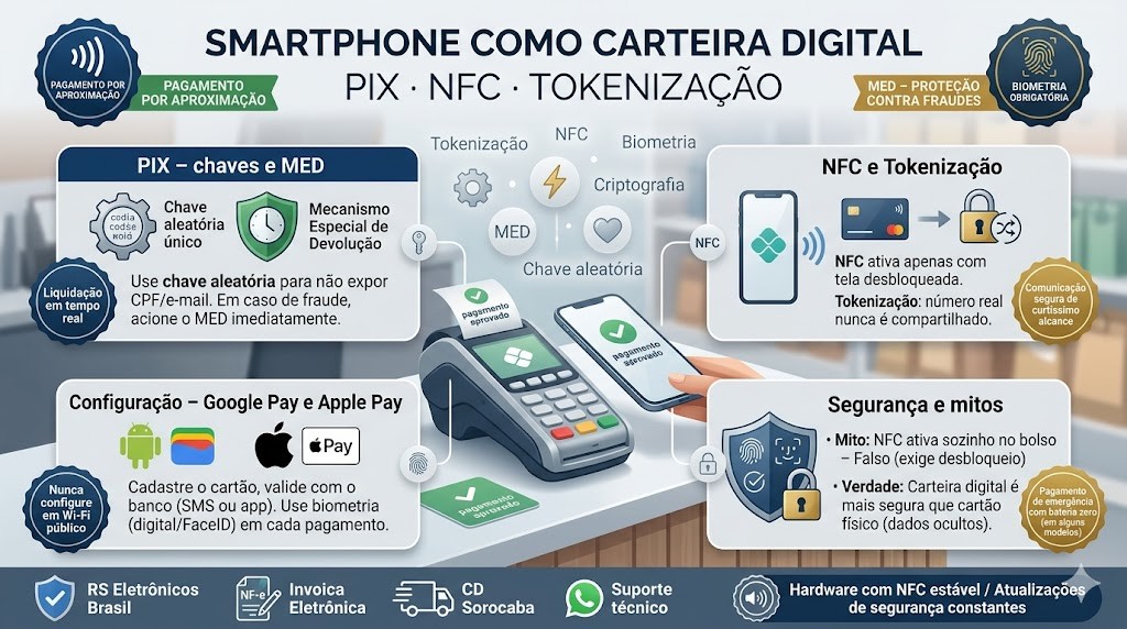 Infogr&aacute;fico t&eacute;cnico organizado em fluxo de 4 blocos (timeline) detalhando o guia de uso do smartphone como carteira digital segura para 2026, validado pela RS Eletr&ocirc;nicos Brasil. Parte superior detalha o PIX com chave aleat&oacute;ria e MED (Mecanismo Especial de Devolu&ccedil;&atilde;o), e o funcionamento do NFC com tokeniza&ccedil;&atilde;o. Parte inferior foca na configura&ccedil;&atilde;o para Android (Google Wallet) e iOS (Apple Pay com FaceID/TouchID), com mitos e verdades sobre seguran&ccedil;a biom&eacute;trica. Inclui selos de Nota Fiscal e Suporte WhatsApp RS Eletr&ocirc;nicos Brasil.