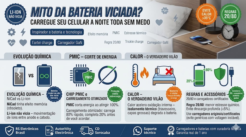 Infogr&aacute;fico t&eacute;cnico organizado em fluxo de 4 blocos detalhando os mitos e verdades sobre o carregamento de baterias de smartphones para 2026, validado pela curadoria da RS Eletr&ocirc;nicos Brasil. Da esquerda para a direita: (1) Evolu&ccedil;&atilde;o Qu&iacute;mica (NiCad vs Li-ion); (2) Chip PMIC &ndash; Corte de Energia aos 100% e carregamento otimizado; (3) Calor &ndash; O verdadeiro vil&atilde;o (term&ocirc;metro e travesseiro com X); (4) Regras e Acess&oacute;rios (20/80 e carregadores certificados GaN). Inclui selos de Nota Fiscal e Suporte WhatsApp RS Eletr&ocirc;nicos Brasil.