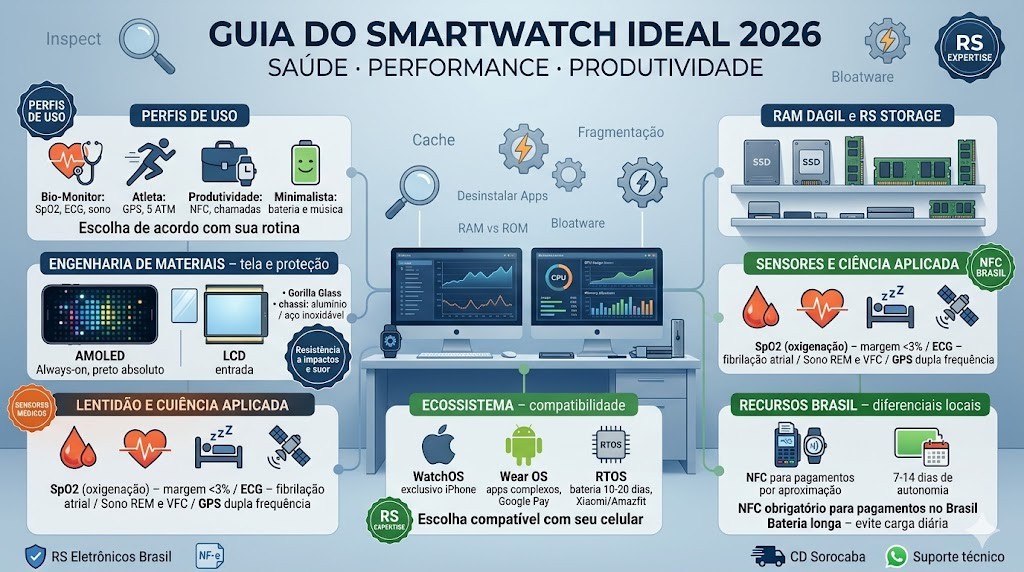 Infográfico técnico organizado em fluxo de 5 blocos (timeline) detalhando o guia definitivo para escolher o smartwatch ideal para 2026, validado pela RS Eletrônicos Brasil. Parte superior detalha os 4 perfis de uso e a engenharia de materiais (AMOLED vs LCD, Safira/Gorilla Glass). Parte central foca nos sensores técnicos (SpO2, ECG, Sono REM, GPS dupla frequência). Parte inferior detalha o ecossistema e compatibilidade (WatchOS, Wear OS, RTOS) e os recursos indispensáveis para o Brasil (NFC e bateria de 7 a 14 dias). Inclui selos de Nota Fiscal e Suporte WhatsApp RS Eletrônicos Brasil.