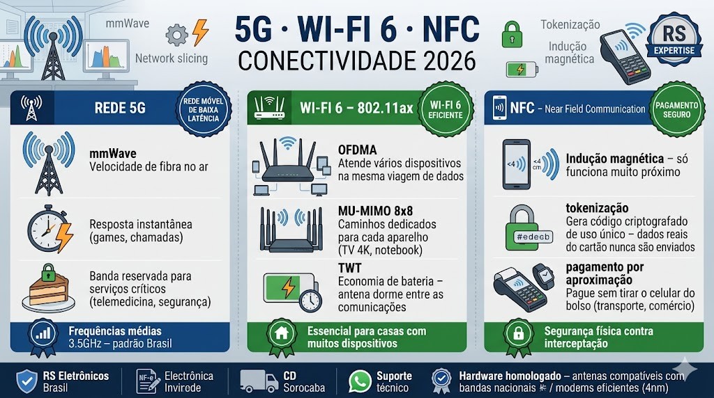 Infogr&aacute;fico t&eacute;cnico organizado em tr&ecirc;s colunas (timeline) detalhando o guia definitivo de conectividade para 2026, validado pela curadoria t&eacute;cnica da RS Eletr&ocirc;nicos Brasil. Parte esquerda foca no 5G (mmWave, Lat&ecirc;ncia <5ms, Network Slicing, 3.5GHz). Parte central foca no Wi-Fi 6 (OFDMA, MU-MIMO 8x8, TWT - Bateria). Parte direita foca no NFC (Indu&ccedil;&atilde;o Magn&eacute;tica, Tokeniza&ccedil;&atilde;o, Pagamento por Aproxima&ccedil;&atilde;o). Inclui selos de Nota Fiscal e Suporte WhatsApp RS Eletr&ocirc;nicos Brasil.