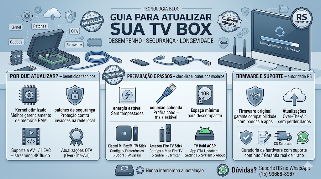 Infogr&aacute;fico t&eacute;cnico organizado em tr&ecirc;s blocos (timeline) detalhando o guia para atualizar sua TV Box em 2026, validado pela curadoria da RS Eletr&ocirc;nicos Brasil. Parte esquerda foca nos benef&iacute;cios t&eacute;cnicos (Kernel, Codecs AV1/HEVC, Patches). Parte central foca na prepara&ccedil;&atilde;o (Energia, Cabo RJ45, 1GB Livre) e no passo a passo para Xiaomi Mi Box, Fire TV Stick e Android AOSP. Parte direita foca no firmware original e nas atualiza&ccedil;&otilde;es OTA. Inclui selos de Nota Fiscal e Suporte WhatsApp RS Eletr&ocirc;nicos Brasil.