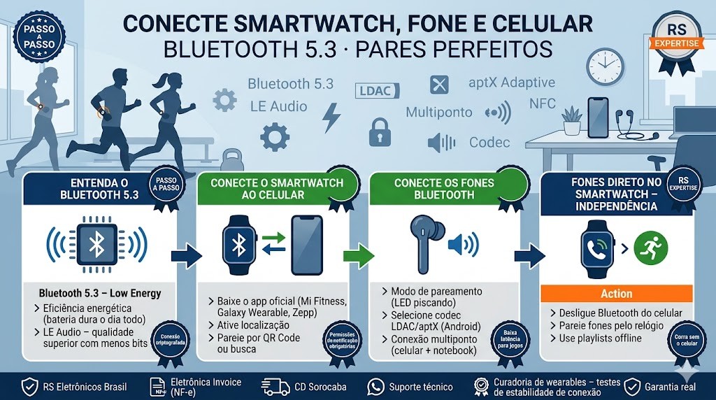 Infográfico técnico organizado em fluxo horizontal de 4 blocos (timeline) detalhando o guia rápido de conexão Bluetooth para 2026, validado pela curadoria técnica da RS Eletrônicos Brasil. Da esquerda para a direita: (1) Entenda o Bluetooth 5.3 (Low Energy, Estabilidade); (2) Conecte Smartwatch ao celular (App Oficial, QR Code); (3) Conecte fones Bluetooth (LDAC, aptX, Multiponto); (4) Fones direto no Smartwatch (Playlists Offline). Inclui selos de Nota Fiscal, CD Sorocaba e Suporte WhatsApp RS Eletrônicos Brasil.