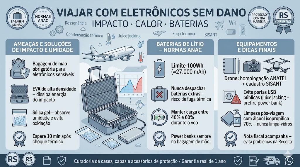 Infogr&aacute;fico t&eacute;cnico organizado em tr&ecirc;s blocos (timeline) detalhando o guia para viajar com eletr&ocirc;nicos sem dano em 2026, validado pela curadoria da RS Eletr&ocirc;nicos Brasil. Parte esquerda foca no impacto (Case R&iacute;gido EVA) e umidade (S&iacute;lica Gel, Maresia). Parte central foca nas normas ANAC para baterias de l&iacute;tio (Limite 100Wh, Proibido Despachar). Parte direita foca nos equipamentos sens&iacute;veis (Drone, Notebook) e dicas finais (Evitar USB P&uacute;blica, &Aacute;lcool Isoprop&iacute;lico). Inclui selos de Nota Fiscal e Suporte WhatsApp RS Eletr&ocirc;nicos Brasil.