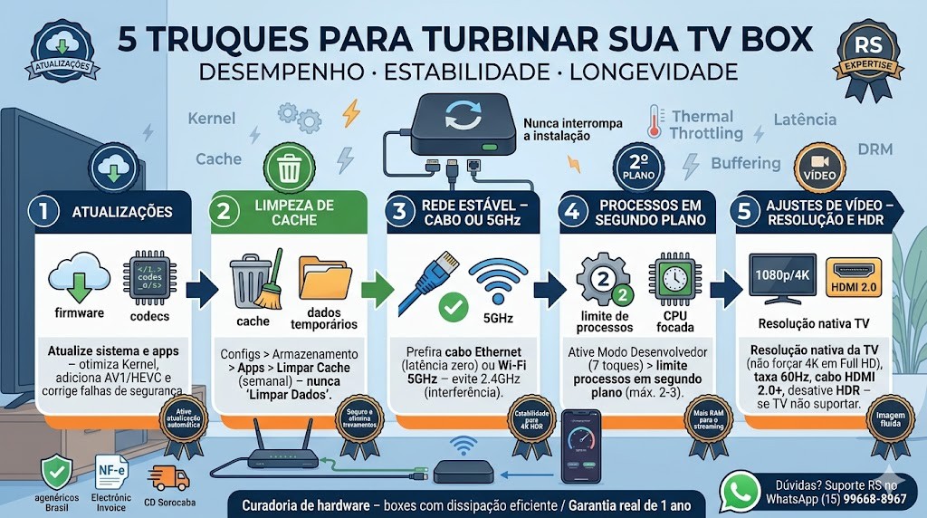 Infogr&aacute;fico t&eacute;cnico organizado em fluxo horizontal de 5 blocos (timeline) detalhando os truques para turbinar sua TV Box em 2026, validado pela curadoria da RS Eletr&ocirc;nicos Brasil. Da esquerda para a direita: (1) Atualiza&ccedil;&otilde;es de Sistema/Apps (Kernel, Codecs AV1/HEVC); (2) Limpeza de Cache Semanal; (3) Rede Est&aacute;vel (Cabo Ethernet RJ45, Wi-Fi 5GHz); (4) Limitar Processos em Segundo Plano; (5) Ajustes de V&iacute;deo (Resolu&ccedil;&atilde;o Nativa, HDMI 2.0). Inclui selos de Nota Fiscal e Suporte WhatsApp RS Eletr&ocirc;nicos Brasil.