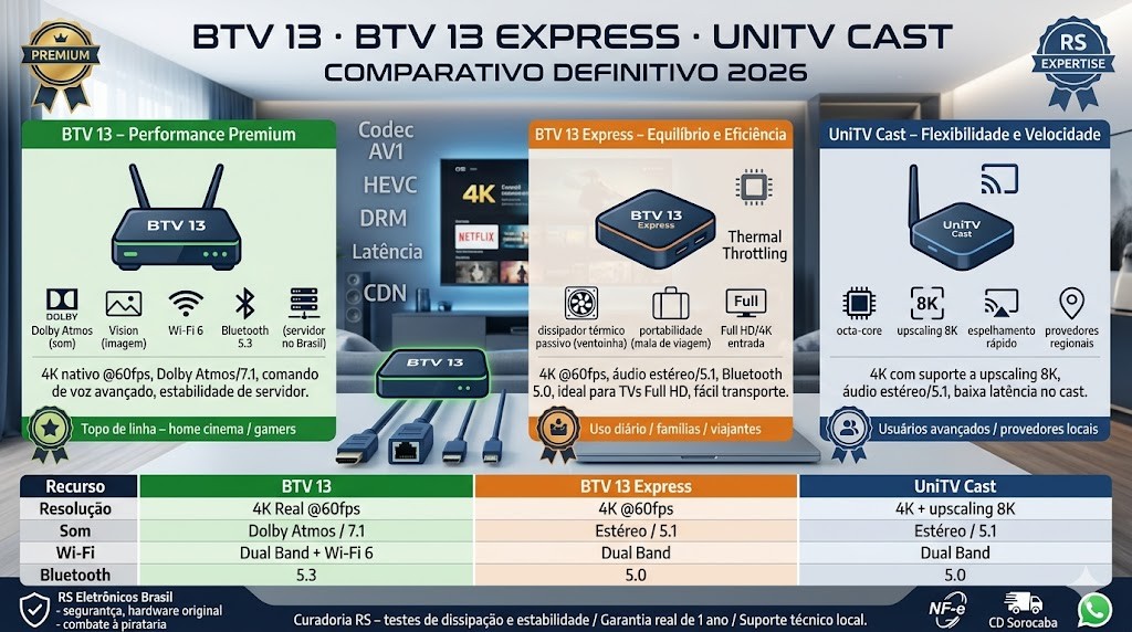 Infogr&aacute;fico t&eacute;cnico organizado em tr&ecirc;s colunas verticais comparando a BTV 13 (Performance Premium), BTV 13 Express (Equil&iacute;brio e Efici&ecirc;ncia) e UniTV Cast (Flexibilidade e Velocidade) em 2026, validado pela RS Eletr&ocirc;nicos Brasil. Inclui tabela resumida de resolu&ccedil;&atilde;o (4K Real, Upscaling 8K), som (Dolby Atmos 7.1, Est&eacute;reo 5.1), Wi-Fi (Wi-Fi 6, Dual Band) e Bluetooth (5.3, 5.0), al&eacute;m de selos de Nota Fiscal, CD Sorocaba e Suporte WhatsApp RS Eletr&ocirc;nicos Brasil.