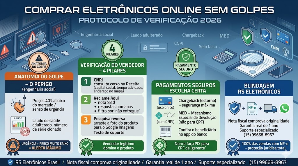 Infogr&aacute;fico t&eacute;cnico organizado em quatro blocos (timeline) detalhando o guia para comprar eletr&ocirc;nicos online sem cair em golpes em 2026, validado pela RS Eletr&ocirc;nicos Brasil. Da esquerda para a direita: (1) Anatomia do Golpe (Engenharia Social, Laudo Falso); (2) Verifica&ccedil;&atilde;o do Vendedor (4 Pilares: CNPJ, Reclame Aqui, Pesquisa Reversa, Suporte); (3) Pagamentos Seguros (Cart&atilde;o Virtual, PIX, Boleto); (4) Blindagem RS Eletr&ocirc;nicos (Nota Fiscal, Garantia Real, CD Sorocaba). Inclui selos de Nota Fiscal, CD Sorocaba e Suporte WhatsApp RS Eletr&ocirc;nicos Brasil.