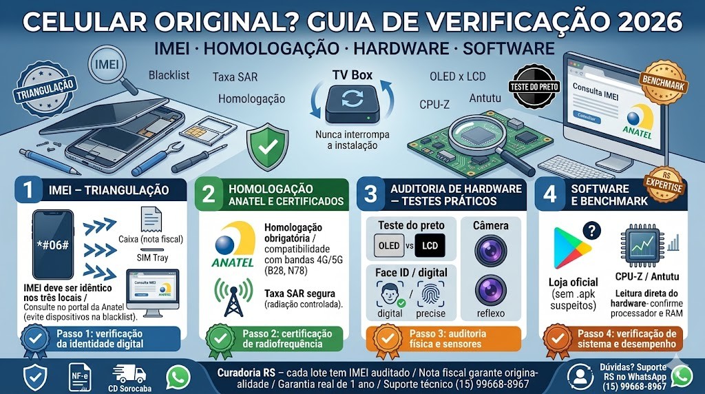 Infogr&aacute;fico t&eacute;cnico organizado em fluxo horizontal de 4 blocos (timeline) detalhando o guia definitivo para saber se um celular &eacute; original em 2026, validado pela curadoria da RS Eletr&ocirc;nicos Brasil. Da esquerda para a direita: (1) Triangula&ccedil;&atilde;o do IMEI (*#06#, Gaveta Chip, Caixa/NF); (2) Selo de Homologa&ccedil;&atilde;o Anatel e Bandas 4G/5G; (3) Auditoria de Hardware (OLED x LCD, Face ID, C&acirc;mera); (4) Software e Benchmark (Play Store Oficial, CPU-Z/Antutu). Inclui selos de Nota Fiscal e Suporte WhatsApp RS Eletr&ocirc;nicos Brasil.