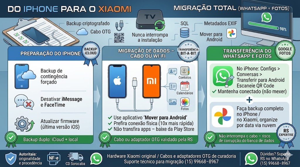 Infogr&aacute;fico t&eacute;cnico organizado em tr&ecirc;s blocos detalhando o guia de migra&ccedil;&atilde;o do iPhone para Xiaomi em 2026, validado pela RS Eletr&ocirc;nicos Brasil. Parte esquerda: Prepara&ccedil;&atilde;o do iPhone (iCloud, iMessage). Parte central: Migra&ccedil;&atilde;o via cabo f&iacute;sico ou Wi-Fi (App Mover para Android). Parte direita: Transfer&ecirc;ncia nativa do WhatsApp via cabo e organiza&ccedil;&atilde;o de fotos via Google Fotos. Inclui selos de Nota Fiscal e Suporte WhatsApp RS Eletr&ocirc;nicos Brasil.