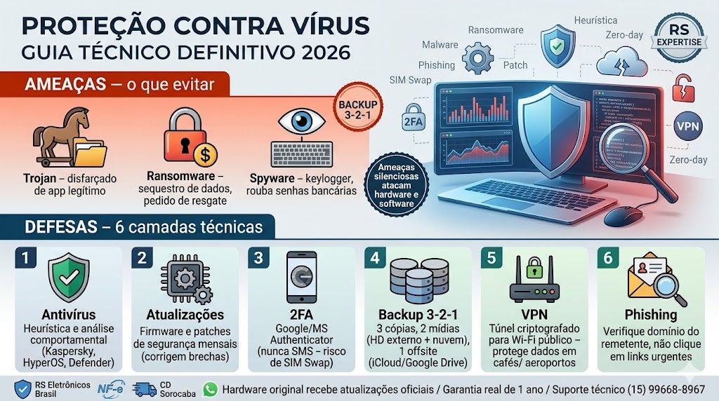 Infográfico técnico organizado em duas faixas detalhando o guia de proteção contra vírus para iniciantes em 2026, validado pela curadoria da RS Eletrônicos Brasil. Faixa superior: Ameaças (Trojan, Ransomware, Spyware). Faixa inferior: 6 Camadas de Defesa (Antivírus Heurístico, Atualizações Firmware/Patches, 2FA App, Backup 3-2-1, VPN Wi-Fi Público, Phishing). Inclui selos de Nota Fiscal e Suporte WhatsApp RS Eletrônicos Brasil.