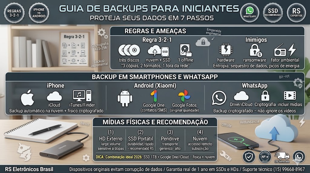 Infogr&aacute;fico t&eacute;cnico organizado em tr&ecirc;s faixas horizontais detalhando o guia de backups para iniciantes em 2026, validado pela curadoria da RS Eletr&ocirc;nicos Brasil. Parte superior: Regras 3-2-1 e Inimigos dos dados. Parte central: Backup em iPhone, Android e WhatsApp. Parte inferior: Tabela comparativa de m&iacute;dias f&iacute;sicas (SSD recomendado) e recomenda&ccedil;&atilde;o ideal para 2026. Inclui selos de Nota Fiscal e Suporte WhatsApp RS Eletr&ocirc;nicos Brasil.