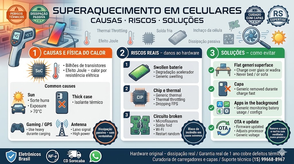 Infogr&aacute;fico t&eacute;cnico organizado em tr&ecirc;s blocos (timeline) detalhando o guia definitivo sobre superaquecimento de celulares em 2026, validado pela curadoria da RS Eletr&ocirc;nicos Brasil. Da esquerda para a direita: (1) Causas (SoC, Sol no Carro, Capa Grossa, 5G); (2) Riscos (Bateria Estufada, Thermal Throttling, Placa com Trinca); (3) Solu&ccedil;&otilde;es (Mesa Plana, Capa Removida, Apps Segundo Plano, Atualiza&ccedil;&atilde;o OTA). Inclui selos de Nota Fiscal e Suporte WhatsApp RS Eletr&ocirc;nicos Brasil.