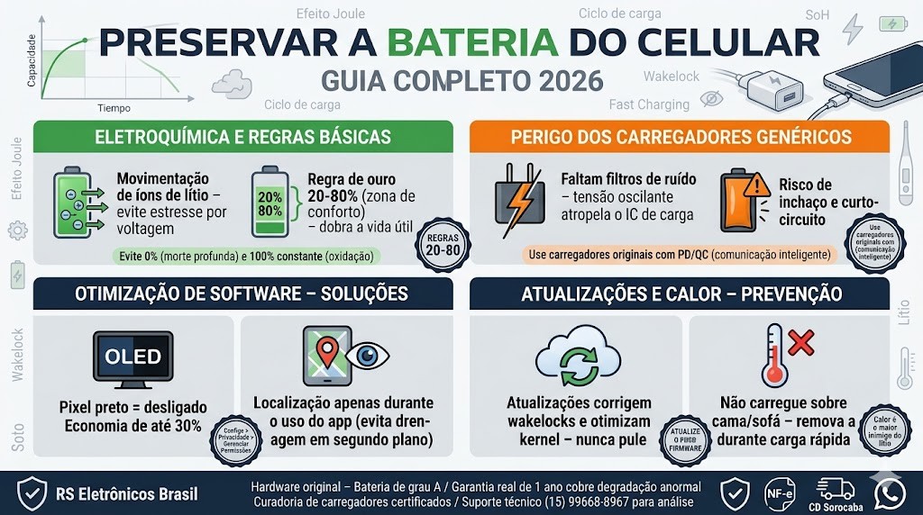 Infogr&aacute;fico t&eacute;cnico organizado em quatro blocos detalhando o guia de preserva&ccedil;&atilde;o de bateria de celular em 2026, validado pela curadoria da RS Eletr&ocirc;nicos Brasil. Bloco 1: Regra 20-80% e qu&iacute;mica do l&iacute;tio. Bloco 2: Perigos de carregadores gen&eacute;ricos e incha&ccedil;o. Bloco 3: Otimiza&ccedil;&atilde;o de software (Modo Escuro e GPS). Bloco 4: Firmware e cuidados com calor. Inclui selos de Nota Fiscal e Suporte WhatsApp RS Eletr&ocirc;nicos Brasil.