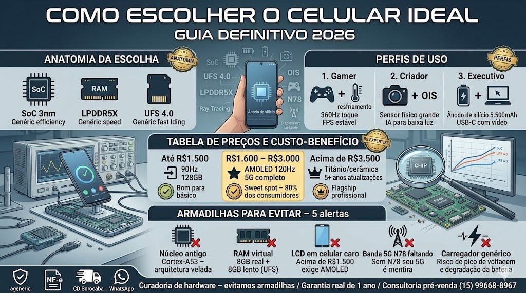 Infogr&aacute;fico t&eacute;cnico organizado em tr&ecirc;s blocos horizontais (timeline) detalhando o guia definitivo para escolher o celular ideal em 2026, validado pela curadoria da RS Eletr&ocirc;nicos Brasil. Da esquerda para a direita: (1) Anatomia (SoC 3nm, RAM LPDDR5X, UFS 4.0) e Perfis de Uso (Gamer, Criador, Executivo); (2) Faixas de Pre&ccedil;o e Destaque Custo-Benef&iacute;cio Intermedi&aacute;rios de Elite; (3) 5 Armadilhas a Evitar (N&uacute;cleo Antigo, RAM Virtual, LCD Caro, Sem 5G N78, Carregador Gen&eacute;rico). Inclui selos de Nota Fiscal e Suporte WhatsApp RS Eletr&ocirc;nicos Brasil.