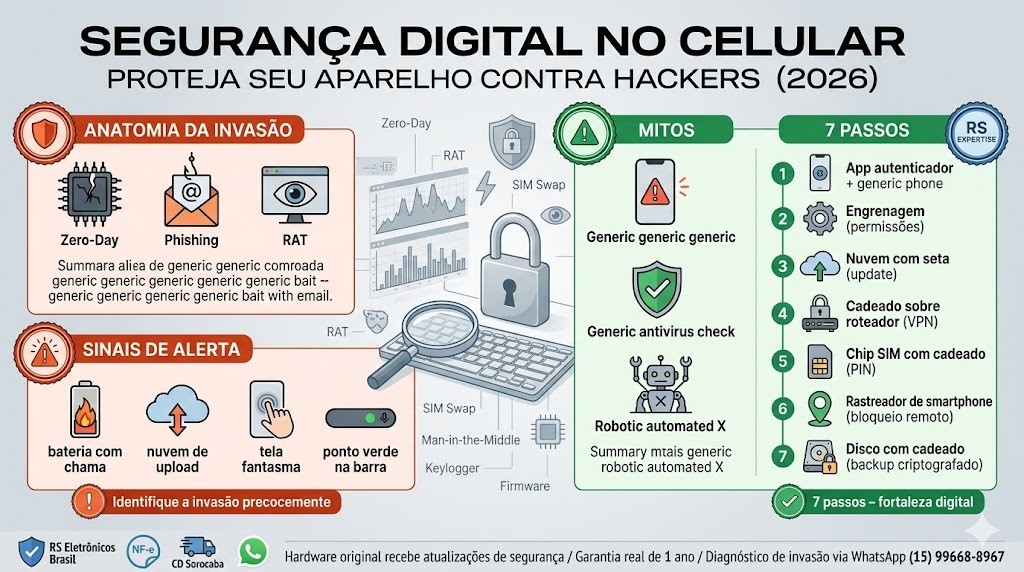 Infogr&aacute;fico t&eacute;cnico organizado em duas faixas detalhando o guia de seguran&ccedil;a digital no celular para bloquear hackers em 2026, validado pela RS Eletr&ocirc;nicos Brasil. Parte superior: Anatomia da Invas&atilde;o (Zero-Day, Phishing, RAT) e Mitos (iPhone, Antiv&iacute;rus, Alvos). Parte inferior: Sinais de Alerta (Calor, Dados, Tela Fantasma, Ponto Verde) e os 7 Passos de Blindagem. Inclui selos de Nota Fiscal e Suporte WhatsApp RS Eletr&ocirc;nicos Brasil em Sorocaba/SP.