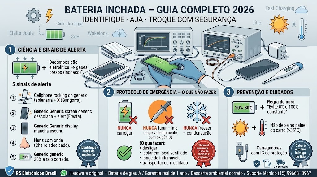 Infogr&aacute;fico t&eacute;cnico organizado em tr&ecirc;s blocos detalhando o guia completo sobre bateria inchada em 2026, validado pela curadoria da RS Eletr&ocirc;nicos Brasil. Bloco 1: Ci&ecirc;ncia do colapso e 5 Sinais de Alerta (Gangorra, Fresta, Mancha, Cheiro, Carga). Bloco 2: Protocolo de Emerg&ecirc;ncia (NUNCA Carregar, Furar, Freezer). Bloco 3: Preven&ccedil;&atilde;o 20-80 e Cuidados com calor. Inclui selos de Nota Fiscal e Suporte WhatsApp RS Eletr&ocirc;nicos Brasil em Sorocaba/SP.