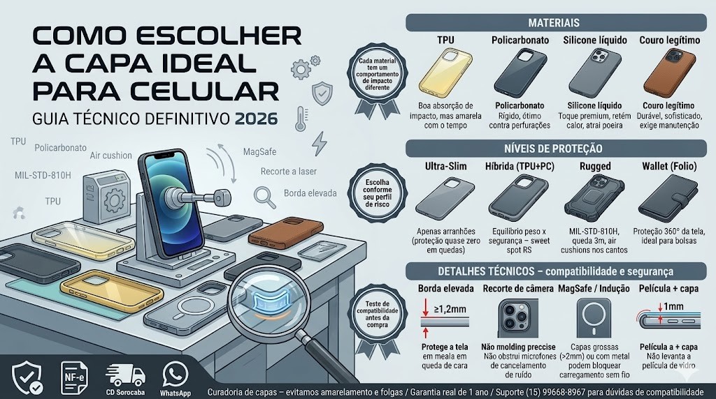 Infogr&aacute;fico t&eacute;cnico organizado em tr&ecirc;s faixas horizontais detalhando o guia definitivo sobre como escolher a capa ideal para celular em 2026, validado pela curadoria da RS Eletr&ocirc;nicos Brasil. Faixa 1: Materiais (TPU, Policarbonato, Silicone, Couro). Faixa 2: N&iacute;veis de Prote&ccedil;&atilde;o (Ultra-Slim, H&iacute;brida, Rugged, Wallet). Faixa 3: Detalhes T&eacute;cnicos (Borda Elevada, Recorte C&acirc;mera, MagSafe/Indu&ccedil;&atilde;o, Pel&iacute;cula+Capa). Inclui selos de Nota Fiscal e Suporte WhatsApp RS Eletr&ocirc;nicos Brasil em Sorocaba/SP.