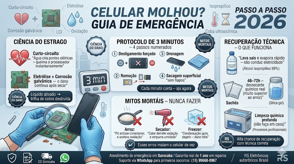 Infogr&aacute;fico t&eacute;cnico organizado em quatro blocos detalhando o guia de emerg&ecirc;ncia para celular molhado em 2026, validado pela curadoria da RS Eletr&ocirc;nicos Brasil. Da esquerda para a direita: (1) Ci&ecirc;ncia do Estrago (Curto, Oxida&ccedil;&atilde;o); (2) Protocolo de 3 Minutos; (3) Mitos Mortais (Arroz, Secador, Freezer); (4) Recupera&ccedil;&atilde;o T&eacute;cnica (&Aacute;lcool Isoprop&iacute;lico, S&iacute;lica Gel, Ultrassom). Inclui selos de Nota Fiscal e Suporte WhatsApp RS Eletr&ocirc;nicos Brasil em Sorocaba/SP.