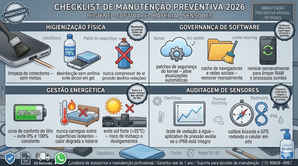Infogr&aacute;fico t&eacute;cnico organizado em quatro quadrantes detalhando o checklist de manuten&ccedil;&atilde;o preventiva para celulares em 2026, validado pela curadoria da RS Eletr&ocirc;nicos Brasil. Quadrantes: (1) Higieniza&ccedil;&atilde;o F&iacute;sica (Isoprop&iacute;lico, Pincel); (2) Governan&ccedil;a de Software (Atualiza&ccedil;&atilde;o, Cache, Rein&iacute;cio); (3) Gest&atilde;o Energ&eacute;tica (20-80%, Calor Proibido); (4) Auditagem de Sensores (Bar&ocirc;metro IP68, B&uacute;ssola em 8). Inclui selos de Nota Fiscal e Suporte WhatsApp RS Eletr&ocirc;nicos Brasil em Sorocaba/SP.