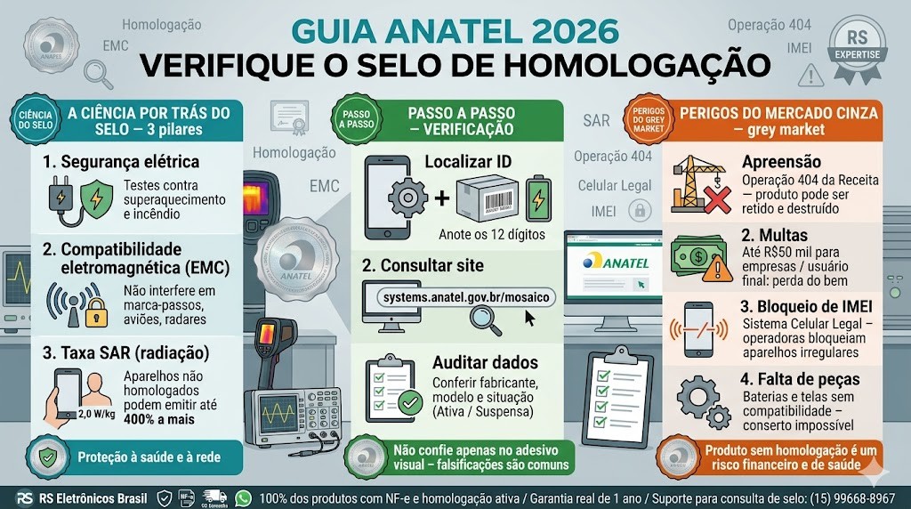 Infogr&aacute;fico t&eacute;cnico organizado em tr&ecirc;s colunas detalhando o guia completo sobre a homologa&ccedil;&atilde;o ANATEL em 2026, validado pela RS Eletr&ocirc;nicos Brasil. Colunas: (1) Ci&ecirc;ncia do Selo (Seguran&ccedil;a El&eacute;trica, EMC, SAR 2.0 W/kg); (2) Passo a Passo (Localizar ID, Consultar Mosaico, Auditar Dados); (3) Perigos do Grey Market (Apreens&atilde;o 404, Multas R$50k, Bloqueio IMEI). Inclui selos de Nota Fiscal e Suporte WhatsApp RS Eletr&ocirc;nicos Brasil em Sorocaba/SP.