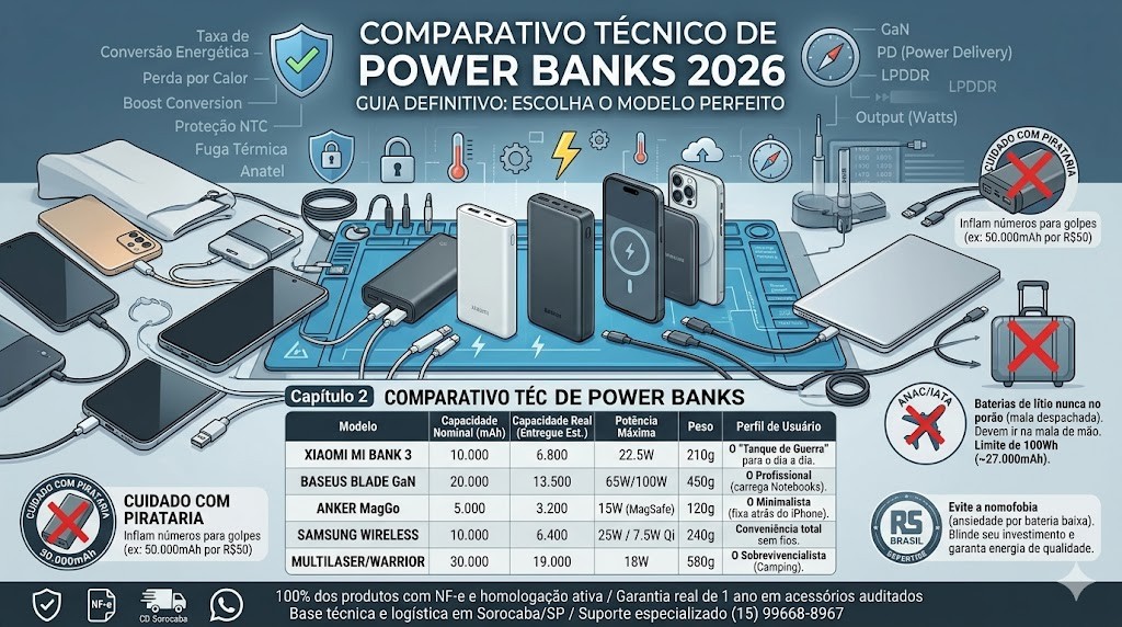Infogr&aacute;fico t&eacute;cnico organizado e did&aacute;tico comparando 5 modelos de Power Banks em 2026, validado pela curadoria t&eacute;cnica da RS Eletr&ocirc;nicos Brasil. No topo, explica&ccedil;&otilde;es t&eacute;cnicas sobre taxa de convers&atilde;o energ&eacute;tica e GaN. No centro, tabela comparativa com Capacidade Real, Pot&ecirc;ncia e Perfil de Uso (Xiaomi, Baseus, Anker, Samsung, Multilaser). &Agrave; direita, alertas sobre pirataria e a regra de seguran&ccedil;a da ANAC/IATA para voos (mala de m&atilde;o). Inclui selos de Nota Fiscal e Suporte WhatsApp RS Eletr&ocirc;nicos Brasil em Sorocaba/SP.