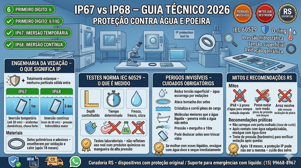 Infográfico técnico organizado em quatro colunas detalhando as diferenças entre IP67 e IP68 em 2026, validado pela curadoria da RS Eletrônicos Brasil. Colunas: (1) Engenharia da Vedação (IP67 temporária vs IP68 contínua, O-rings); (2) Testes IEC 60529 (Profundidade, Tempo, Água Doce); (3) Perigos Invisíveis (Sabão, Cloro, Sal, Vapor); (4) Mitos e Recomendações (Não ao arroz, Vedação degrada). Inclui selos de Nota Fiscal e Suporte WhatsApp RS Eletrônicos Brasil em Sorocaba/SP.