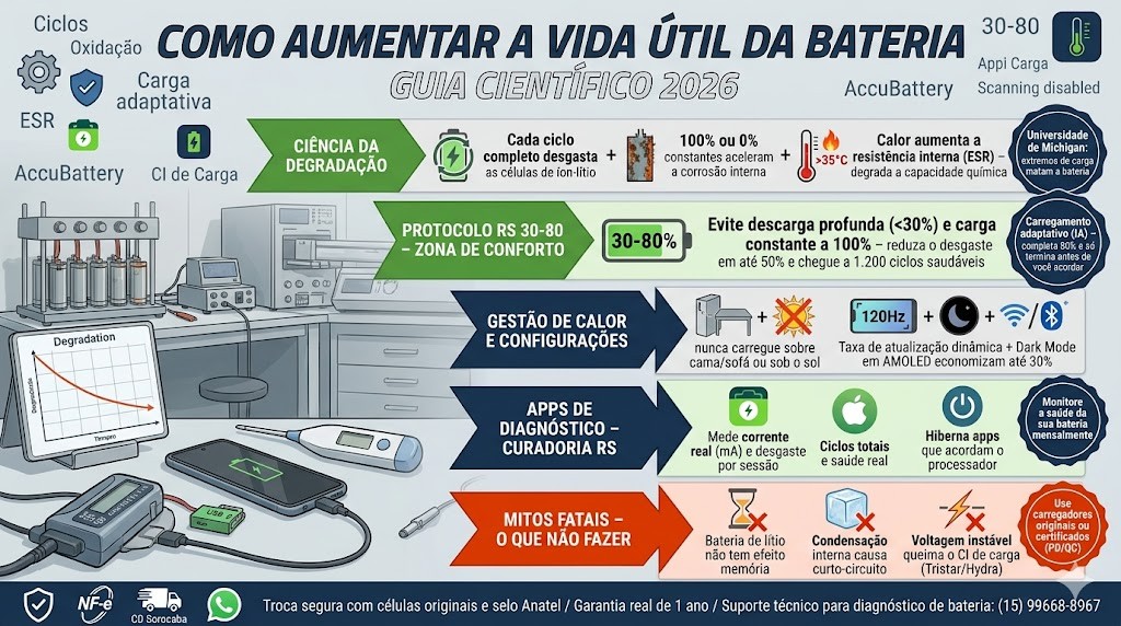 Infogr&aacute;fico t&eacute;cnico organizado em cinco blocos horizontais detalhando o guia cient&iacute;fico para aumentar a vida &uacute;til da bateria do celular em 2026, validado pela curadoria t&eacute;cnica da RS Eletr&ocirc;nicos Brasil. Inclui ci&ecirc;ncia da degrada&ccedil;&atilde;o (Ciclos, Oxida&ccedil;&atilde;o, ESR - Univ. Michigan), Protocolo 30-80 (Zona de Conforto), Gest&atilde;o de Calor (Capa removida, Software), Apps de Diagn&oacute;stico (AccuBattery, iOS) e Mitos Fatais (12h, Congelador, Gen&eacute;rico). No rodap&eacute;, selos de Nota Fiscal e Suporte WhatsApp RS Eletr&ocirc;nicos Brasil em Sorocaba/SP.