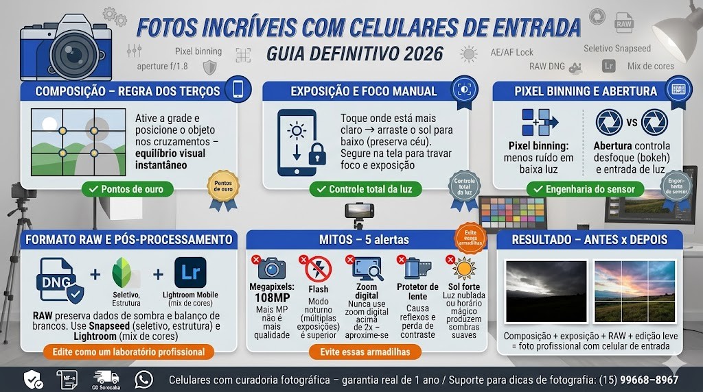 Infogr&aacute;fico t&eacute;cnico organizado em seis se&ccedil;&otilde;es detalhando o guia definitivo para tirar fotos profissionais com celulares de entrada em 2026, validado pela curadoria da RS Eletr&ocirc;nicos Brasil. Inclui: Composi&ccedil;&atilde;o (Grade, Regra dos Ter&ccedil;os), Exposi&ccedil;&atilde;o Manual (Bloqueio AE/AF), Conceitos T&eacute;cnicos (Pixel Binning, Abertura f/1.8), RAW (DNG) e P&oacute;s-processamento (Snapseed, Lightroom), 5 Mitos (MP, Flash, Zoom, Pel&iacute;cula, Sol Forte) e Antes x Depois. No rodap&eacute;, selos de Nota Fiscal e Suporte WhatsApp RS Eletr&ocirc;nicos Brasil em Sorocaba/SP.