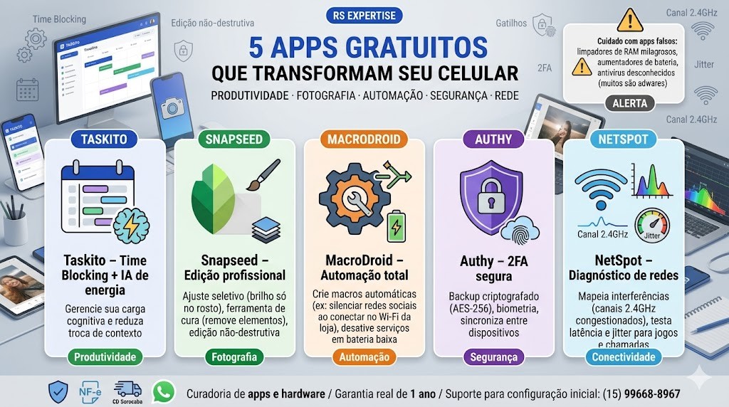 Infogr&aacute;fico t&eacute;cnico organizado em cinco colunas e um bloco de alerta, detalhando 5 apps gratuitos que transformam o celular em uma super m&aacute;quina em 2026, validado pela curadoria da RS Eletr&ocirc;nicos Brasil. Colunas: (1) Taskito (Time Blocking, IA Energia); (2) Snapseed (Edi&ccedil;&atilde;o Seletiva, Cura, Stacks); (3) MacroDroid (Gatilhos, Macros Autom&aacute;ticas); (4) Authy (2FA, Criptografia AES-256); (5) NetSpot (Wi-Fi, Jitter, Canais). Alerta sobre apps milagrosos (Limpadores, Antiv&iacute;rus falsos). No rodap&eacute;, selos de Nota Fiscal e Suporte WhatsApp RS Eletr&ocirc;nicos Brasil em Sorocaba/SP.