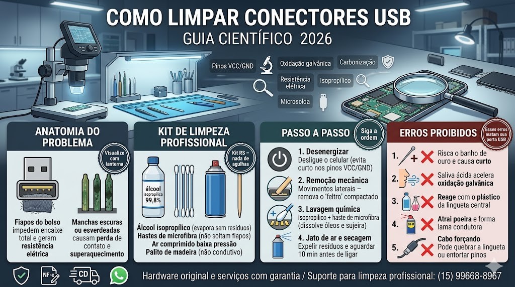 Infogr&aacute;fico t&eacute;cnico organizado em quatro colunas detalhando o guia cient&iacute;fico para limpar conectores USB em 2026, validado pela curadoria t&eacute;cnica da RS Eletr&ocirc;nicos Brasil. Inclui Anatomia do Problema (Fibras, Oxida&ccedil;&atilde;o), Kit Profissional (Isoprop&iacute;lico 99,8%, Hastes Microfibra, Ar Comprimido, Madeira), Passo a Passo (Desenergizar, Mec&acirc;nica, Qu&iacute;mica, Ar/Secagem) e 5 Erros Fatais (Agulha, Saliva, Qu&iacute;micos, &Oacute;leos, For&ccedil;ar). No rodap&eacute;, selos de Nota Fiscal e Suporte WhatsApp RS Eletr&ocirc;nicos Brasil em Sorocaba/SP.