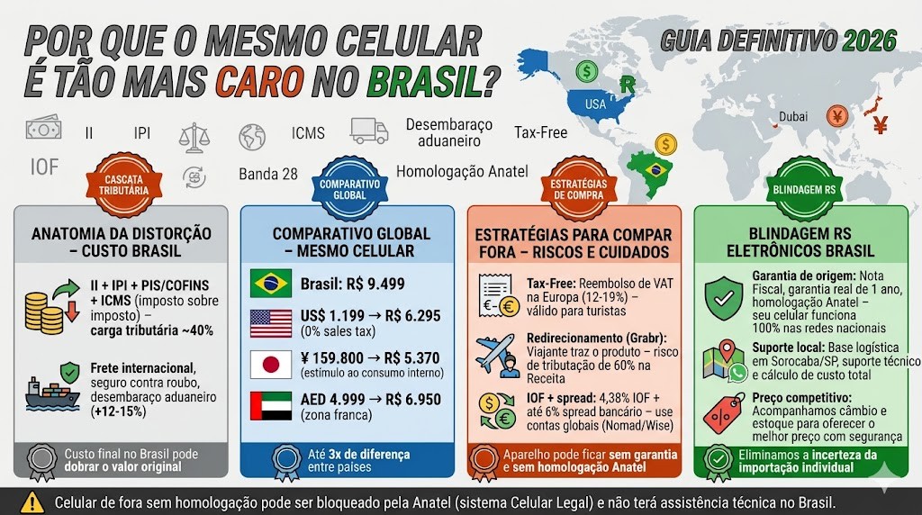 Infogr&aacute;fico t&eacute;cnico organizado em quatro colunas detalhando o guia sobre por que os celulares custam mais caro no Brasil em 2026, validado pela curadoria t&eacute;cnica da RS Eletr&ocirc;nicos Brasil. Inclui Anatomia da Distor&ccedil;&atilde;o (Tributos ~40%, Log&iacute;stica ~15%), Comparativo Global (Brasil R$ 9.499, EUA R$ 6.295, Jap&atilde;o R$ 5.370, Dubai R$ 6.950), Estrat&eacute;gias e Riscos (Tax-Free, C&acirc;mbio, IOF, Anatel) e Blindagem RS (Garantia Real, Nota Fiscal, Suporte Local Sorocaba). No rodap&eacute;, selos de Nota Fiscal e Suporte WhatsApp RS Eletr&ocirc;nicos Brasil em Sorocaba/SP.