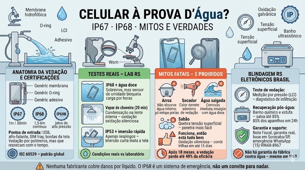 Infográfico técnico organizado em quatro colunas detalhando o guia sobre se celulares são à prova d'água em 2026, validado pela curadoria técnica da RS Eletrônicos Brasil. Inclui Anatomia da Vedação (Membranas, Adesivos, O-rings), Testes Reais (Água Doce, Vapor Chuveiro, IP53), 5 Mitos Fatais (Arroz, Secador, Sal, Sabão, Falsa Segurança) e Blindagem RS (Barômetro, Cuba Ultrassônica, LCI, Garantia Real). No rodapé, selos de Nota Fiscal e Suporte WhatsApp RS Eletrônicos Brasil em Sorocaba/SP.