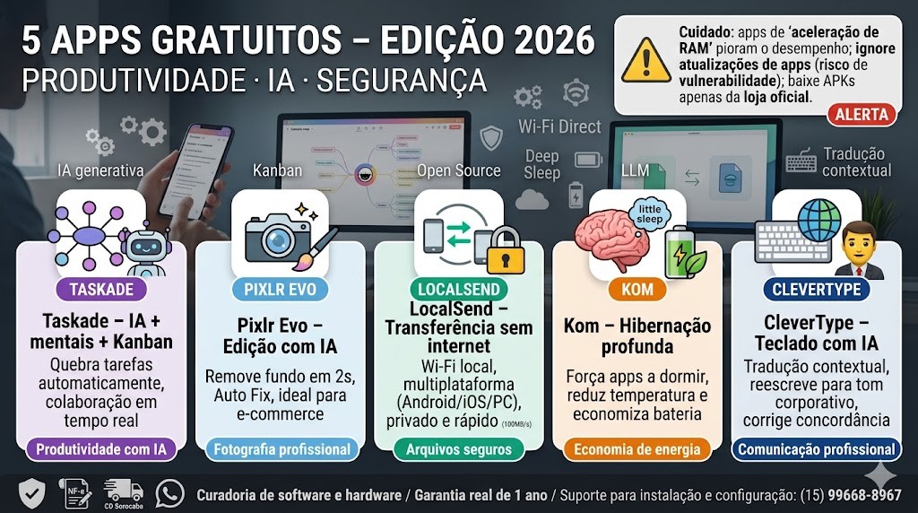 Infogr&aacute;fico t&eacute;cnico organizado em cinco colunas e um bloco de alerta, detalhando 5 apps gratuitos que transformam o celular em uma super m&aacute;quina em 2026, validado pela curadoria da RS Eletr&ocirc;nicos Brasil. Colunas: (1) Taskade (IA, Mapas Mentais, Kanban); (2) Pixlr Evo (IA Foto, Remo&ccedil;&atilde;o Fundo 2s); (3) LocalSend (Transfer&ecirc;ncia sem Internet, Multiplataforma); (4) Kom (Hiberna&ccedil;&atilde;o Profunda, Bateria); (5) CleverType (Teclado IA, Tradu&ccedil;&atilde;o Contextual, Tom Profissional). Alerta sobre apps milagrosos (Limpadores, Antiv&iacute;rus falsos). No rodap&eacute;, selos de Nota Fiscal e Suporte WhatsApp RS Eletr&ocirc;nicos Brasil em Sorocaba/SP.