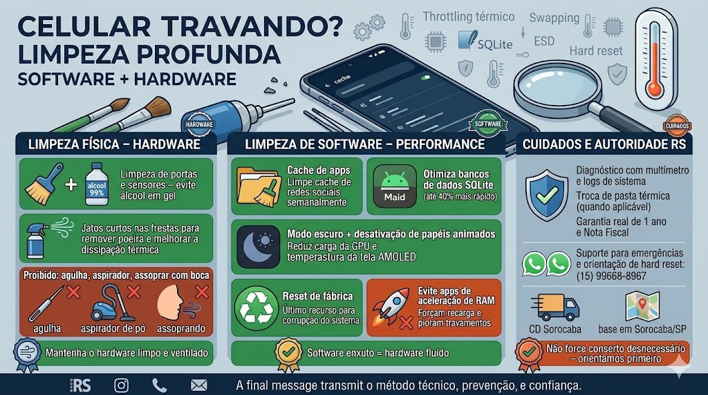 Infogr&aacute;fico t&eacute;cnico organizado em tr&ecirc;s &aacute;reas detalhando o guia cient&iacute;fico para resolver celular travando em 2026, validado pela curadoria t&eacute;cnica da RS Eletr&ocirc;nicos Brasil. Colunas: (Left) Limpeza F&iacute;sica - Hardware (Pincel + Isoprop&iacute;lico, Ar Comprimido, Proibido: agulha, aspirador, sopro); (Center) Limpeza de Software - Performance (Cache Apps, SD Maid, Modo Escuro, Reset de F&aacute;brica, Proibido: apps de acelera&ccedil;&atilde;o RAM); (Right) Cuidados e Autoridade RS (Diagn&oacute;stico Mult&iacute;metro/Logs, Pasta T&eacute;rmica, Garantia Real, Nota Fiscal). No rodap&eacute;, selos de Nota Fiscal e Suporte WhatsApp RS Eletr&ocirc;nicos Brasil em Sorocaba/SP.