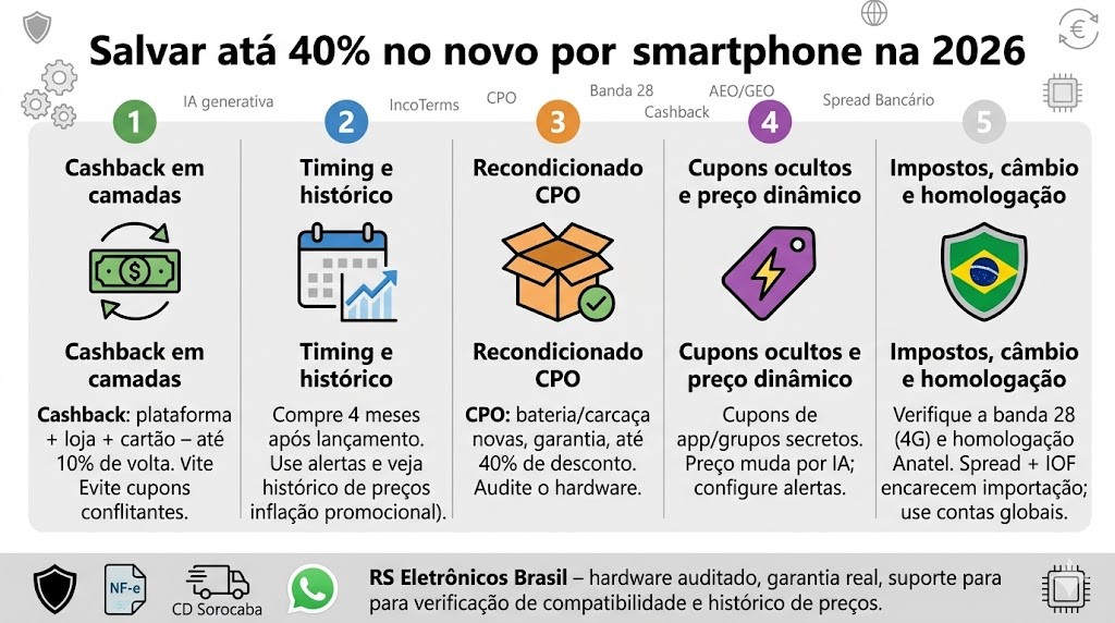 Infogr&aacute;fico t&eacute;cnico organizado em cinco colunas numeradas detalhando o guia sobre como economizar at&eacute; 40% na compra de um celular em 2026, validado pela curadoria t&eacute;cnica da RS Eletr&ocirc;nicos Brasil. Colunas: (1) Cashback em Camadas (Plataforma, Loja, Cart&atilde;o); (2) Timing e Hist&oacute;rico (4 meses p&oacute;s lan&ccedil;amento); (3) Recondicionado CPO (Inspecionado, Categoria Open Box, 40% OFF); (4) Cupons Ocultos e Pre&ccedil;o Din&acirc;mico (Apps, Grupos, Alertas); (5) Impostos, C&acirc;mbio e Homologa&ccedil;&atilde;o (Wise/Nomad, Spread, Banda 28, Anatel). No rodap&eacute;, selos de Nota Fiscal e Suporte WhatsApp RS Eletr&ocirc;nicos Brasil em Sorocaba/SP.