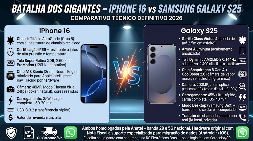 Infogr&aacute;fico t&eacute;cnico organizado em dois lados detalhando o comparativo definitivo entre iPhone 16 e Samsung Galaxy S25 em 2026, validado pela curadoria da RS Eletr&ocirc;nicos Brasil. Lado Apple (Esq): Tit&acirc;nio AeroGrade, IP69, A18 Bionic, 8K Cinematic Mode. Lado Samsung (Dir): Gorilla Glass Victus 4, Snapdragon 8 Gen 4, CoolBoost 2.0, Zoom Perisc&oacute;pio 10x, DeX. Central VS estilizado. No rodap&eacute;, selos de Nota Fiscal e Suporte WhatsApp RS Eletr&ocirc;nicos Brasil em Sorocaba/SP.