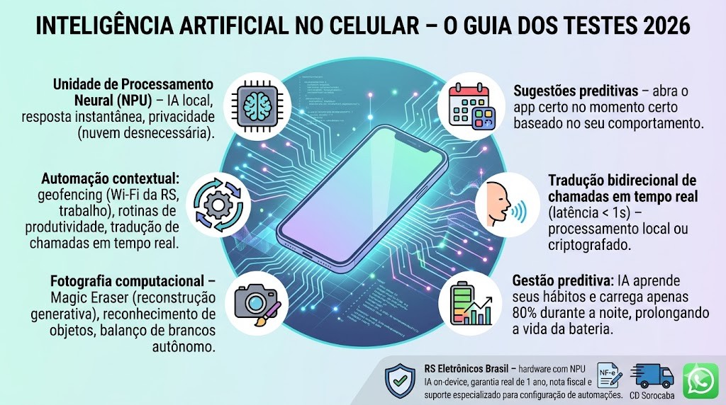 Infogr&aacute;fico t&eacute;cnico organizado de forma radial detalhando os testes de Intelig&ecirc;ncia Artificial em smartphones para 2026, validado pela curadoria t&eacute;cnica da RS Eletr&ocirc;nicos Brasil. Inclui NPU dedicada (IA Local/Privacidade), Automa&ccedil;&atilde;o Contextual (Geofencing, Rotinas), Fotografia Computacional (Magic Eraser, Reconstru&ccedil;&atilde;o Generativa), Gest&atilde;o Preditiva (Bateria), Tradu&ccedil;&atilde;o Bidirecional (NLP/Lat&ecirc;ncia < 1s) e Sugest&otilde;es Preditivas (Contexto de uso). No rodap&eacute;, selos de Nota Fiscal e Suporte WhatsApp RS Eletr&ocirc;nicos Brasil em Sorocaba/SP.