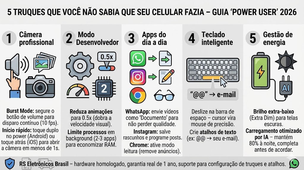 Infogr&aacute;fico t&eacute;cnico organizado em cinco colunas numeradas detalhando 5 truques secretos para se tornar um Power User de smartphone em 2026, validado pela curadoria da RS Eletr&ocirc;nicos Brasil. Colunas: (1) C&acirc;mera Profissional (Burst Mode, In&iacute;cio R&aacute;pido); (2) Modo Desenvolvedor (Otimiza&ccedil;&atilde;o 0.5x, Limite RAM); (3) Apps do Dia a Dia (WhatsApp Documento, Rascunhos Instagram, Chrome Leitura); (4) Teclado Inteligente (Cursor Mouse, Atalhos de Texto); (5) Gest&atilde;o de Energia (Brilho Extra-Baixo, Carga Otimizada IA). No rodap&eacute;, selos de Nota Fiscal e Suporte WhatsApp RS Eletr&ocirc;nicos Brasil em Sorocaba/SP.