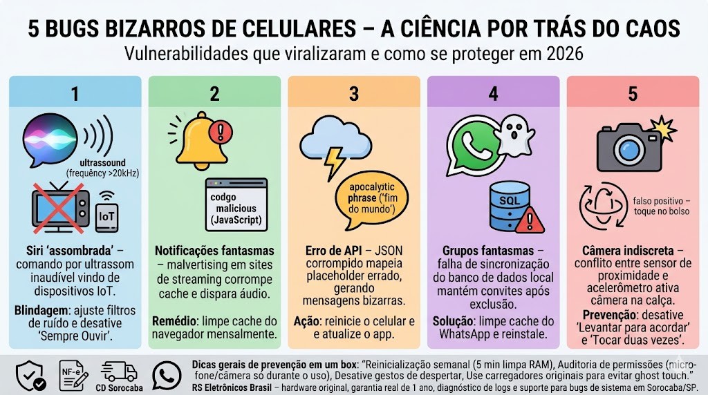 Infogr&aacute;fico t&eacute;cnico organizado em cinco colunas numeradas detalhando o guia sobre 5 bugs bizarros de celulares que viralizaram e sua explica&ccedil;&atilde;o t&eacute;cnica para 2026, validado pela curadoria da RS Eletr&ocirc;nicos Brasil. Colunas: (1) Siri &lsquo;assombrada&rsquo; (Ultrassom IoT, Blindagem de Ru&iacute;do); (2) Notifica&ccedil;&otilde;es Fantasmas (Malvertising, Limpeza de Cache); (3) Erro de API (JSON Corrompido, Placeholder errado); (4) Grupos Fantasmas (WhatsApp, SQL Sincroniza&ccedil;&atilde;o); (5) C&acirc;mera Indiscreta (Toque no Bolso, Falso Positivo Sensores). No rodap&eacute;, selos de Nota Fiscal, Dicas Preventivas (RAM, Permiss&otilde;es) e Suporte WhatsApp RS Eletr&ocirc;nicos Brasil em Sorocaba/SP.