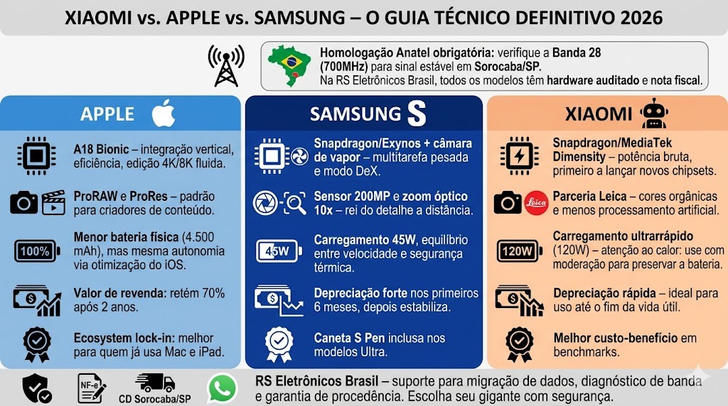 Infogr&aacute;fico t&eacute;cnico organizado em tr&ecirc;s colunas detalhando o comparativo definitivo entre Xiaomi, Apple e Samsung em 2026, validado pela curadoria t&eacute;cnica da RS Eletr&ocirc;nicos Brasil. Inclui an&aacute;lises de processamento (A18, DeX), c&acirc;meras (ProRes, 200MP, Leica), baterias, deprecia&ccedil;&atilde;o e ecossistema. Box central unificado sobre Homologa&ccedil;&atilde;o Anatel e Banda 28 para Sorocaba/SP. No rodap&eacute;, selos de Nota Fiscal e Suporte WhatsApp RS Eletr&ocirc;nicos Brasil em Sorocaba/SP.