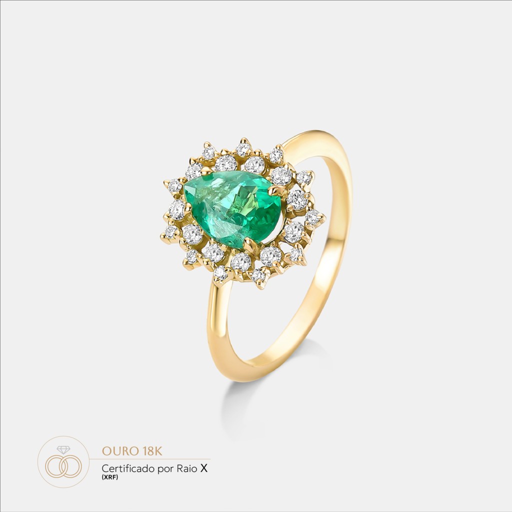 Lapidação em gota do anel de esmeralda com diamantes imperatriz
