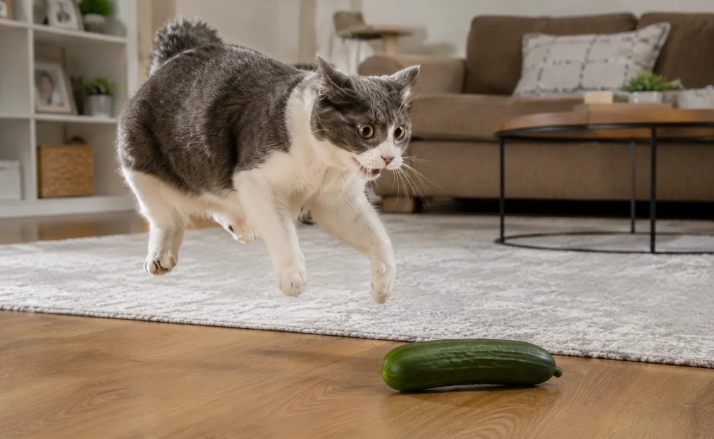 Gato assombrando com um pepino