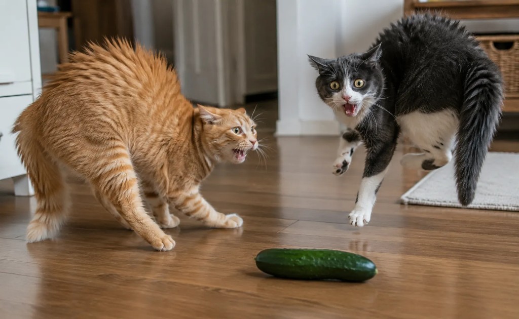 Dois gatos assustados com a presen&ccedil;a de um pepino.