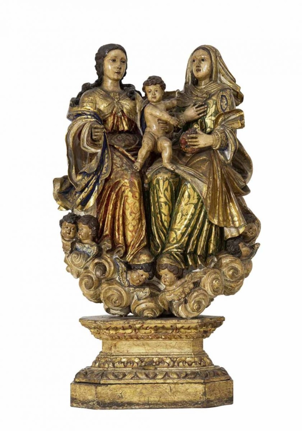 Escultura **&ldquo;Sant&rsquo;Ana Mestra&rdquo;**, representa&ccedil;&atilde;o de Santa Ana, da Virgem Maria e do Menino Jesus, em madeira policromada e dourada. A pe&ccedil;a integra a tradi&ccedil;&atilde;o da **imagin&aacute;ria sacra barroca**, comum na produ&ccedil;&atilde;o art&iacute;stica colonial brasileira e presente em acervos como o do Museu de Arte Sacra de S&atilde;o Paulo.