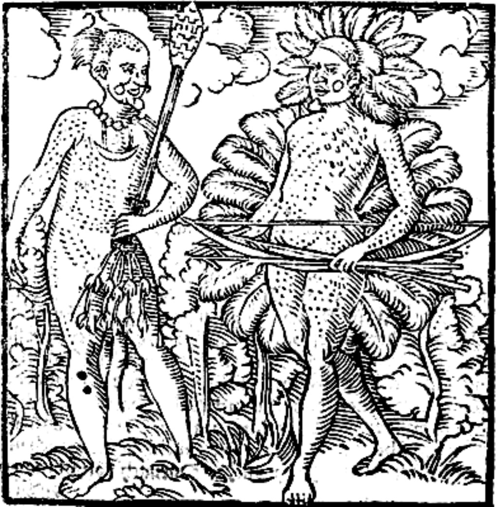 Xilogravura associada a Hans Staden, publicada em 1557, mostrando dois chefes Tupinamb&aacute; adornados por plumas. Imagens como essa est&atilde;o entre os registros coloniais mais antigos da visualidade ind&iacute;gena no Brasil.