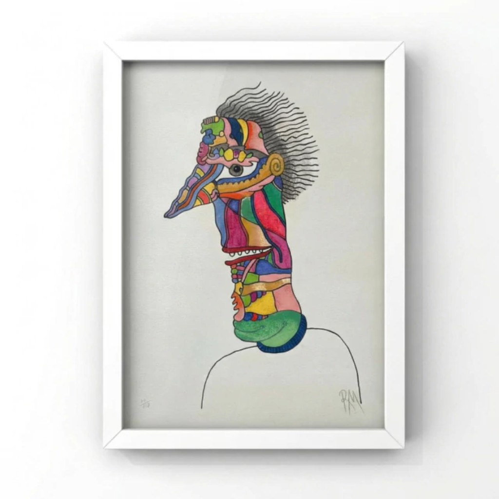 Esta pe&ccedil;a &eacute; um exemplo cl&aacute;ssico da "est&eacute;tica do absurdo" de Roberto Magalh&atilde;es, um dos nomes mais ic&ocirc;nicos da Gera&ccedil;&atilde;o 60 e da Nova Figura&ccedil;&atilde;o no Brasil.  Nesta composi&ccedil;&atilde;o, o artista utiliza cores vibrantes e linhas precisas para construir um perfil que desafia a l&oacute;gica anat&ocirc;mica. A figura, com seu nariz alongado e preenchimento compartimentado em tons psicod&eacute;licos, evoca uma atmosfera on&iacute;rica e surrealista.  Magalh&atilde;es &eacute; mestre em transformar o grotesco em algo l&uacute;dico e instigante. Suas obras funcionam como espelhos de um inconsciente povoado por personagens fant&aacute;sticos, onde o humor e o estranhamento caminham lado a lado para questionar a rigidez da realidade.